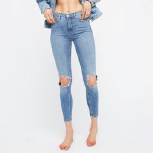 FREE PEOPLE High Rise Busted Knee Mid Stone Blue Skinny Jeans 30 Regular NWT
